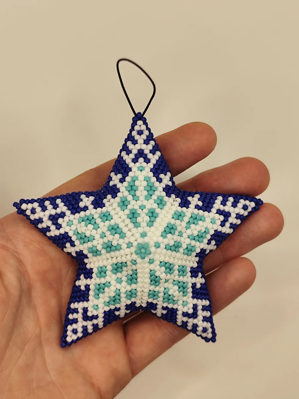 Handmade Blue Star Beaded Holiday Ornament - Smiling Face